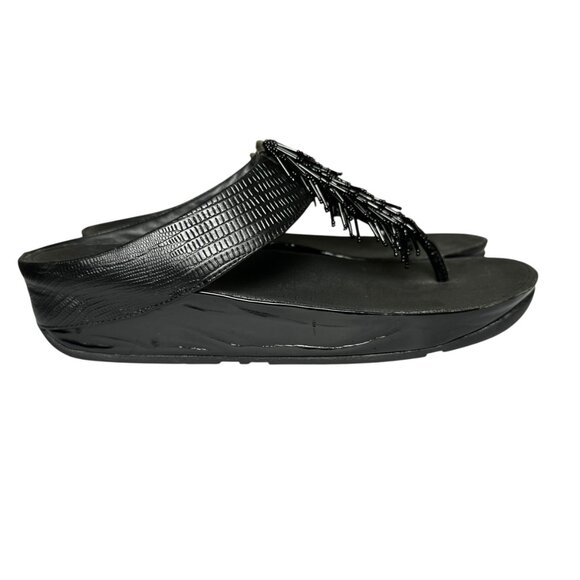 FitFlop Black Beaded Fringe Microwobbleboard Sandals Size 10 Comfort Beach Wedge - Picture 3 of 8